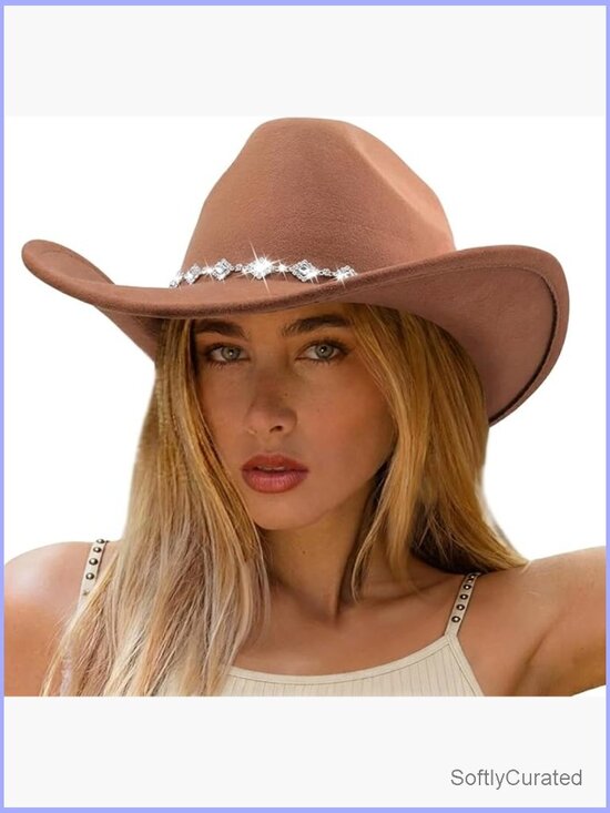 Vintage Western Cowboy Hat with Rhinestone Hatband Wide Brim Felt Fedora